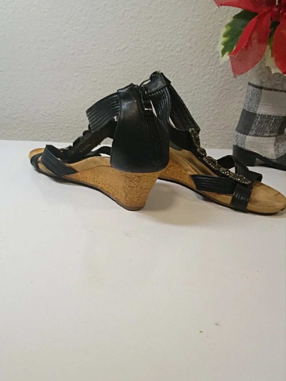 Black Jeweled T-Strap Wedge Sandals